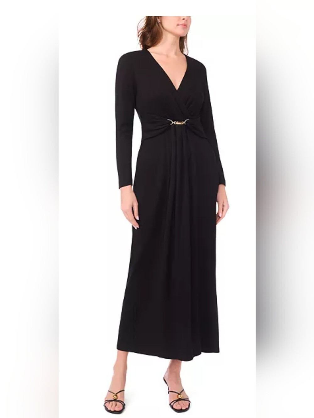 MSK Wrap Front with Clasp Trim Maxi Long Sleeve Dress Ponte Black Size Small